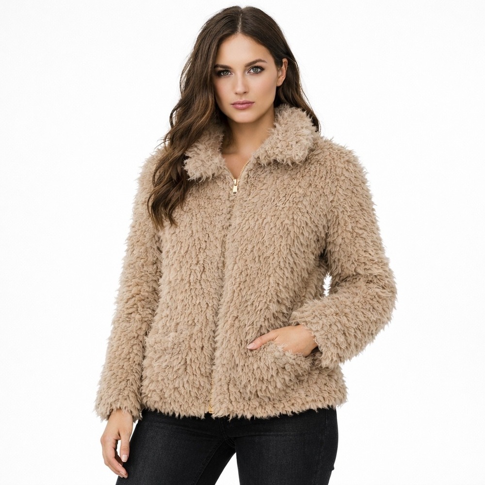 Molly Bracken Beige Shaggy Faux Fur Zip Up Jacket Women's Size Medium